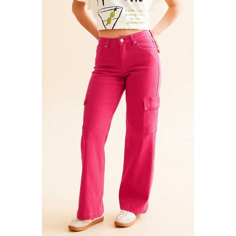 Risen Jeans‎ Pants Womens 5/27 Fuchsia Pink Wide Leg Cargo Denim Stretch
